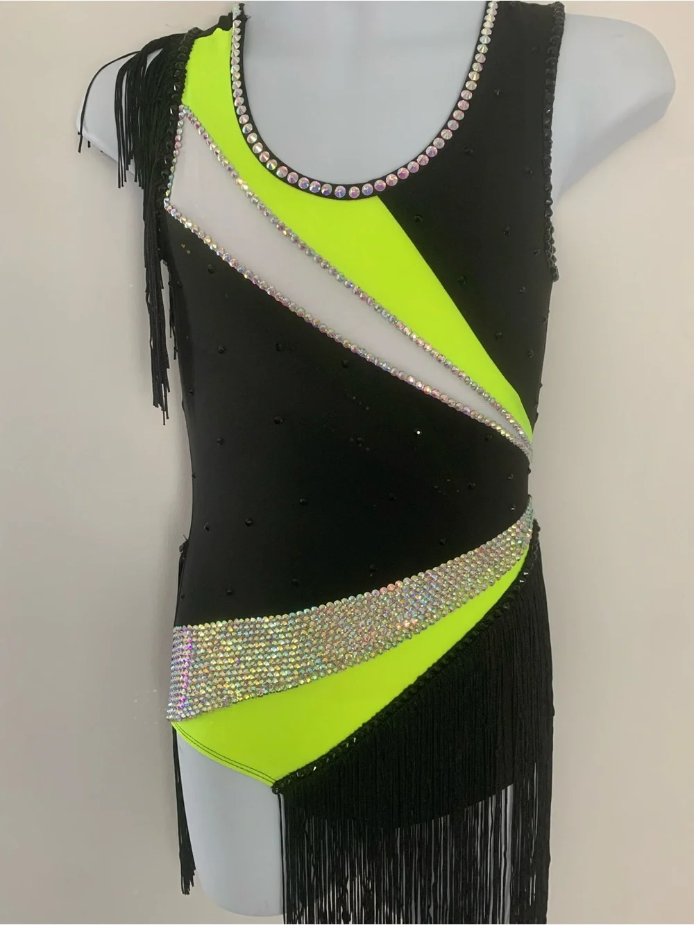 Child's Fringe Dance Costume: Black, Yellow, Rhinestone Acro Jazz MT Outfit